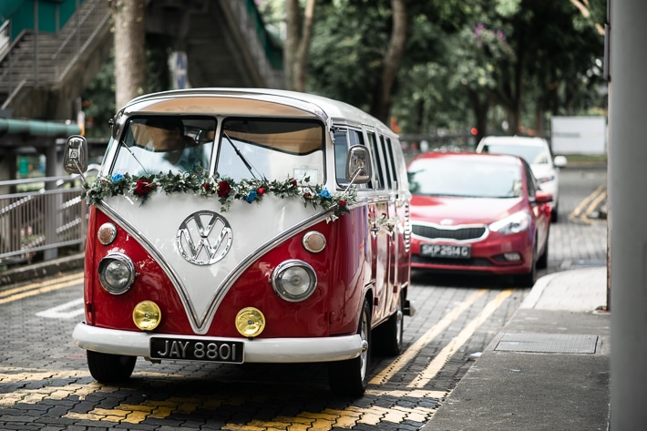 Groom arriving in a Combi